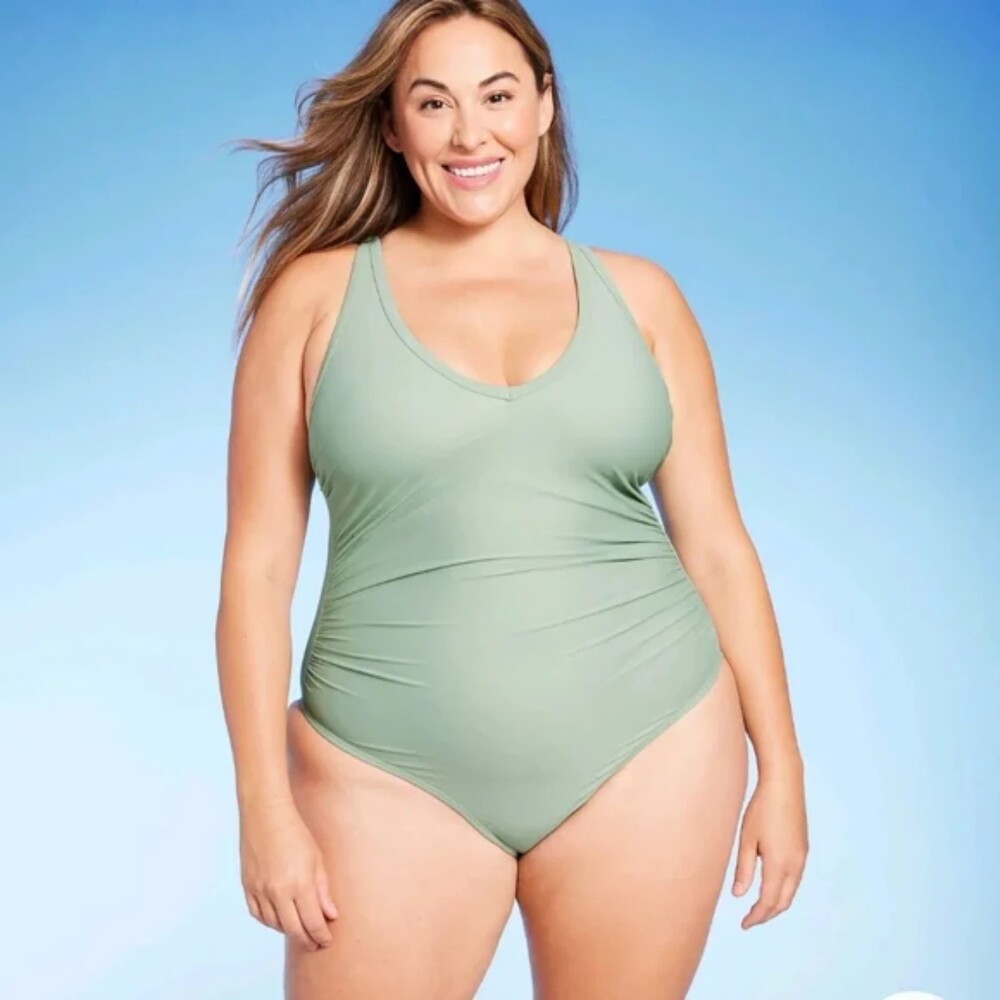 V-Neck Over The Shouder High Leg Sage Green Swimsuit Sz 22W